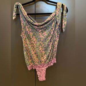 Free People Bare It All Bodysuit Chambray Combo Floral Draped Boho Size S